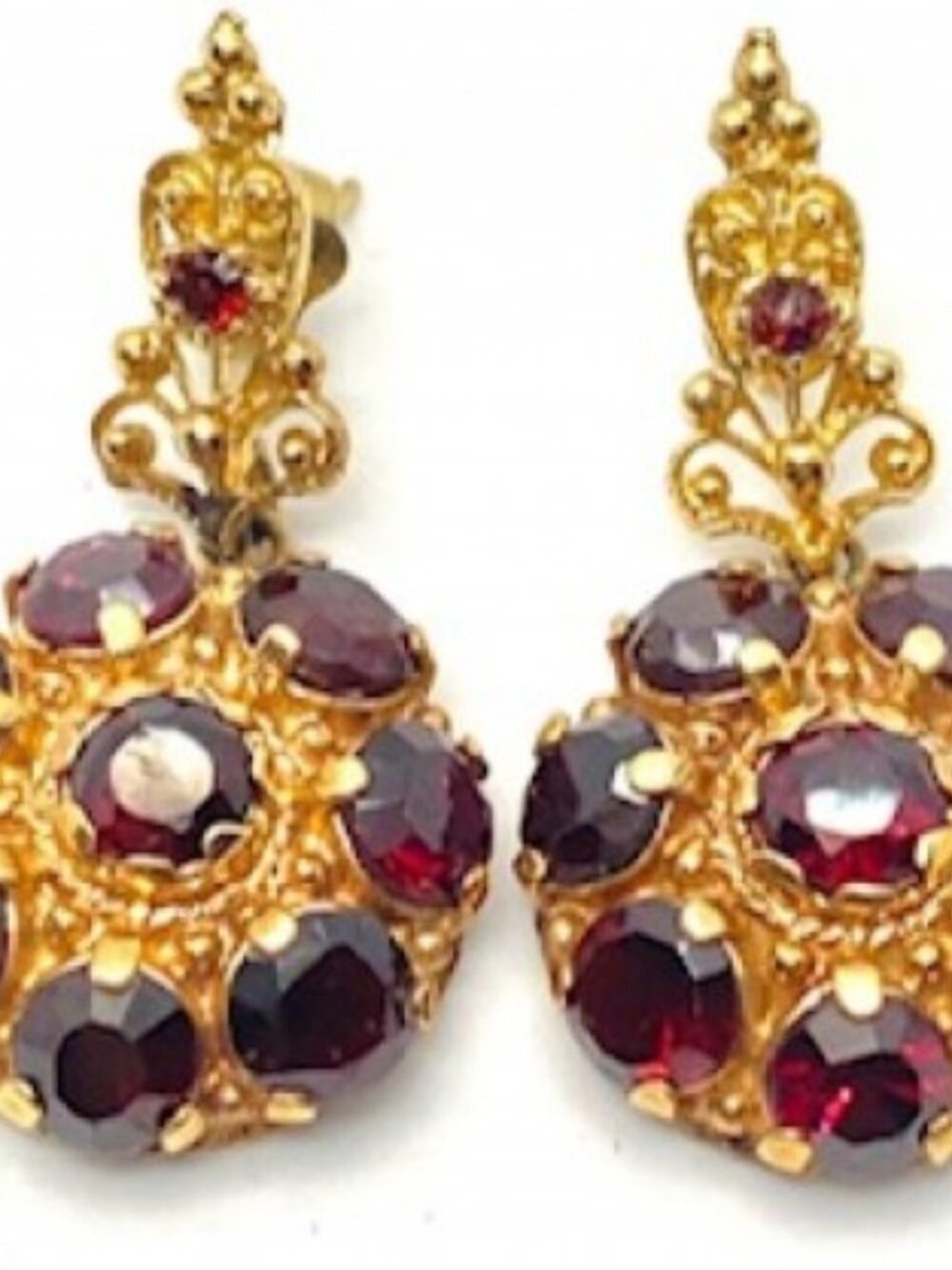 14K Victorian Style Crested & Beaded Garnet Dangling Earrings
